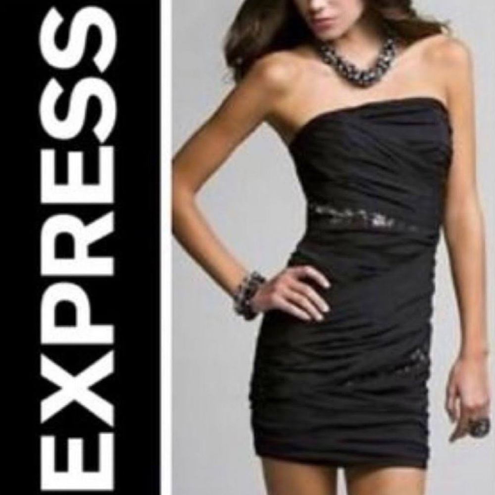 Express Strapless Ruched Lace Black Silk Cocktail Evening Dress